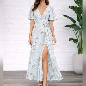 Privacy Please Light Blue Floral Maxi Dress Spring Summer  Small S V Neck Wrap